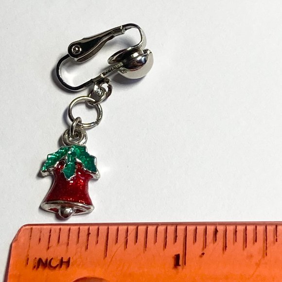 Vintage Christmas Bells Holly Clip On Earrings Red Green Enamel Silver Tone - Picture 7 of 8